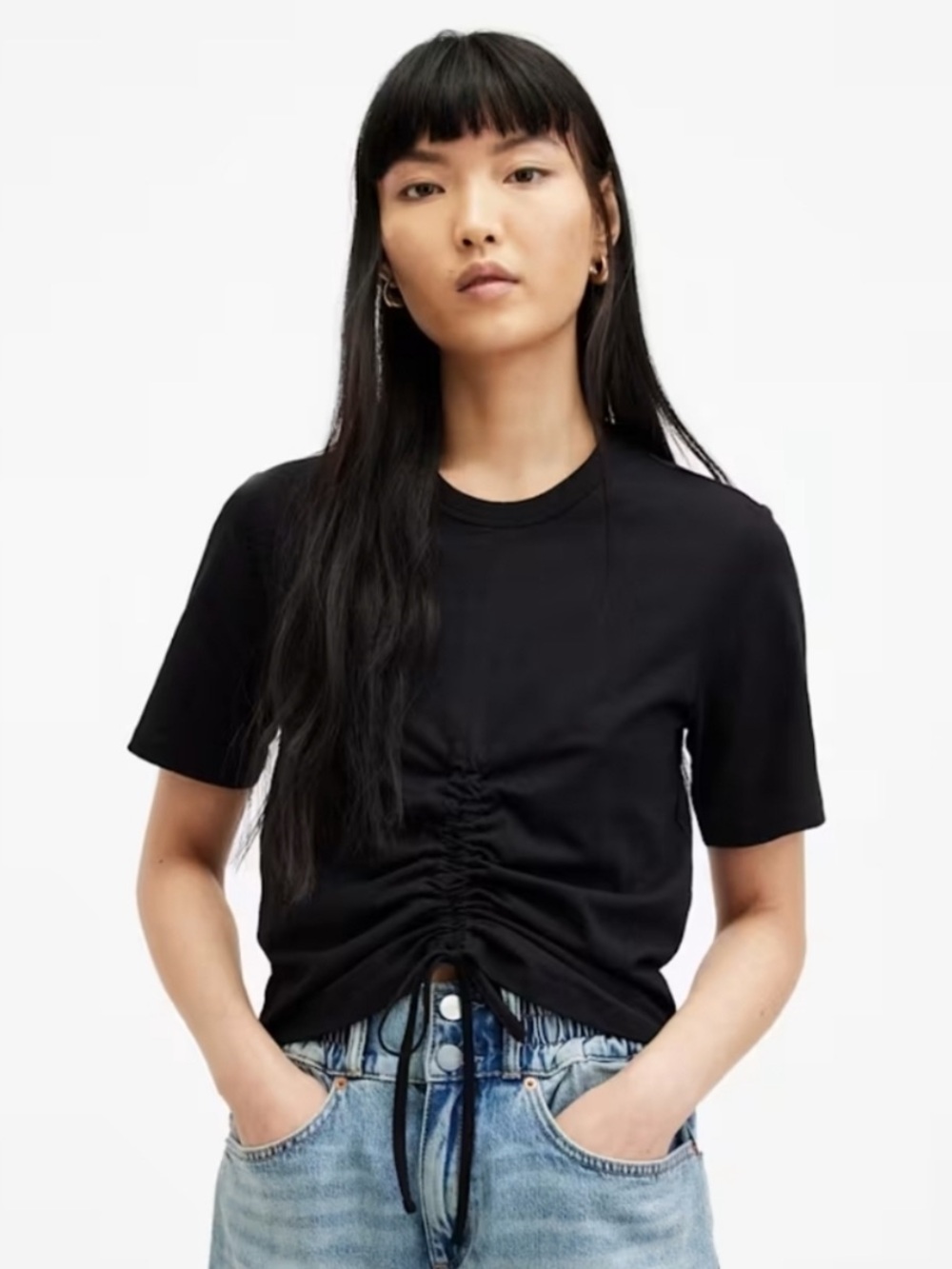 ❤️ AllSaints Gia Black Ruched Drawstring Crop Tee